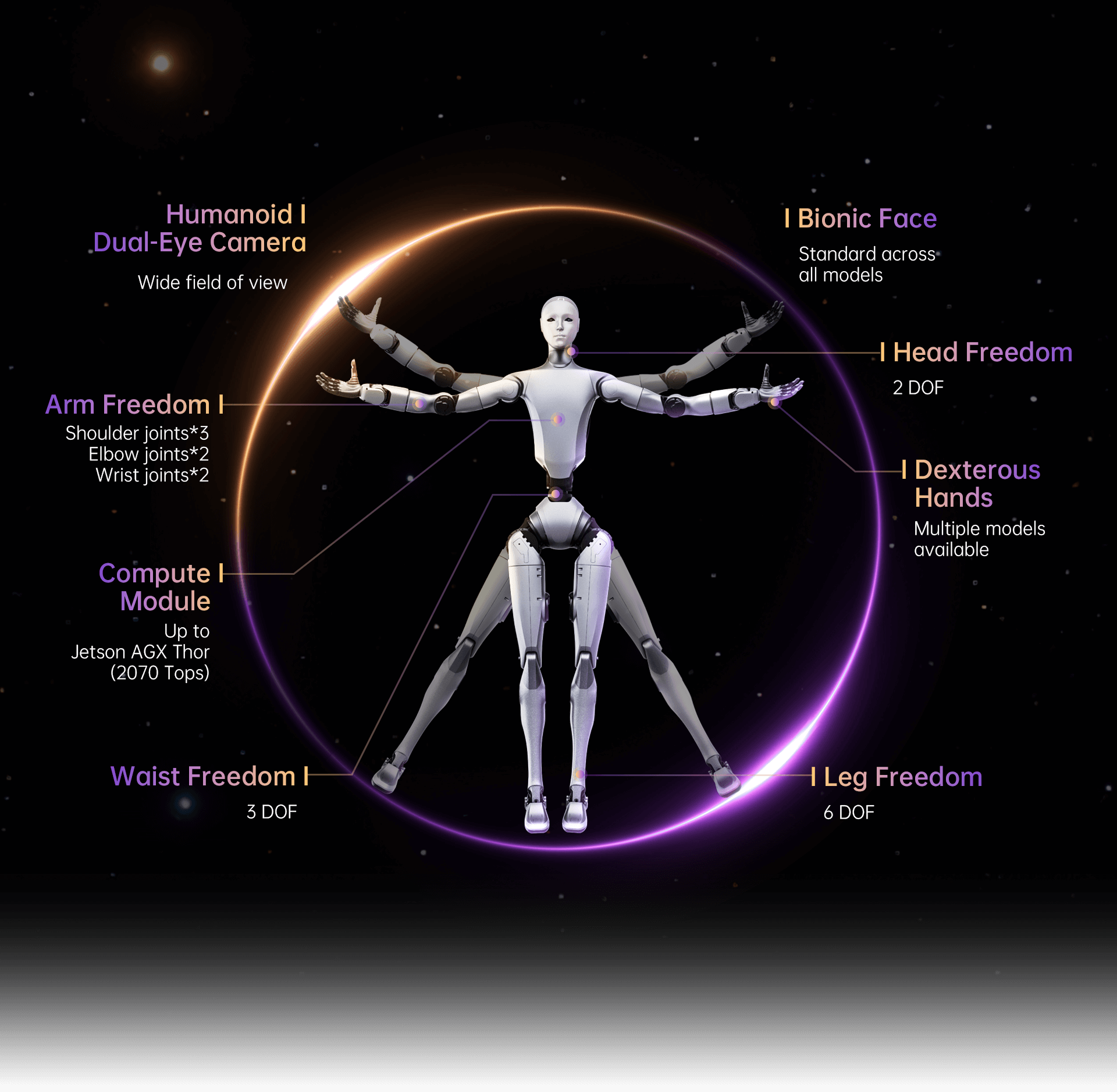 Unitree H2 humanoid robot technical specifications showing 31 degrees of freedom including dual-eye camera, bionic face, head freedom (2 DOF), arm freedom with shoulder, elbow and wrist joints, dexterous hands, compute module up to Jetson AGX Thor (2070 Tops), waist freedom (3 DOF), and leg freedom (6 DOF)